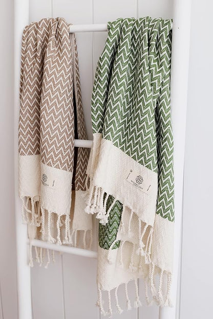 Madamelique Exclusive Hand Towels Set of 2-18 x 40 Inches - Decorative Bathroom Peshtemal Towel for Hand, Face, Hair, Yoga, Tea, Dishcloth, Kitchen and Bath - 100% Pure Cotton (Olive)