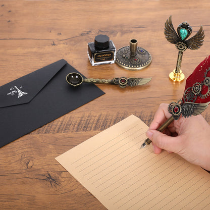 Facwxiao Quill Pen Set, Feather Pen, Ink, Bookmarks, Seals, Nibs, Wax Bead, Envelopes, Writing Paper, Gift Box, Red