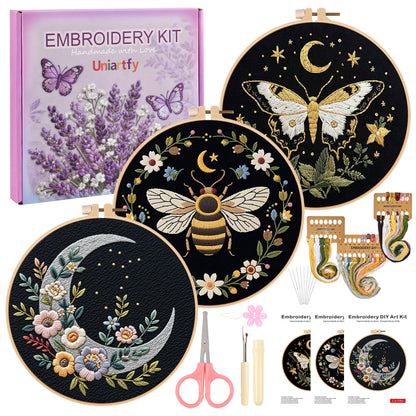 Uniartfy 3 Sets Butterfly Bee Moon Embroidery Kits for Beginners, DIY Cross Stitch Starter Craft Kit for Adults, Needlepoint Kits Including Cloth with Flower Plant Pattern, Hoop, Tools, Instructions