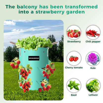 SPONDWILD 3 Pack 15 Gallon Strawberry Grow Bags, Heavy Duty Reusable PE Pots with Breathable Window, Branch & Drainage Holes, Reinforced Handles for Strawberries, Veggies, Flowers, Balcony/Patio Use