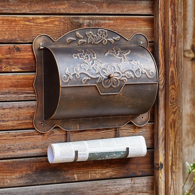 Wall Mount Mailbox with Newspaper Holder, Metal Wall Mailboxes for Outside, Vintage Decorative Front Porch Mail Box Wall Mounted, Horizontal Outdoor Mailbox with Hummingbird Accent, 17" x 5" x 17"
