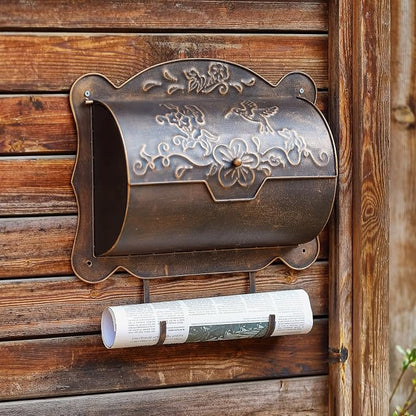 Wall Mount Mailbox with Newspaper Holder, Metal Wall Mailboxes for Outside, Vintage Decorative Front Porch Mail Box Wall Mounted, Horizontal Outdoor Mailbox with Hummingbird Accent, 17" x 5" x 17"