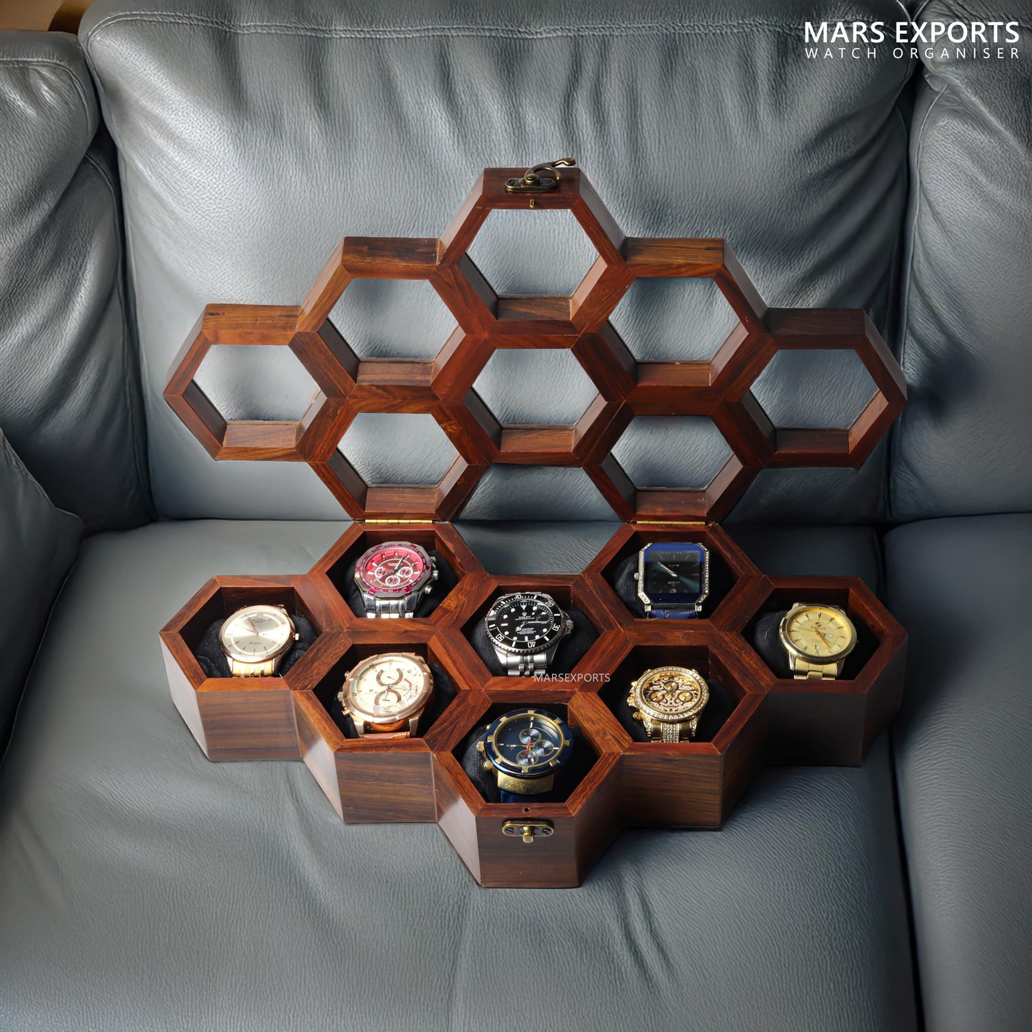 Mars Exports Wooden Watch Organizer Case with Glass Lid | 8 Slot Men’s Watch Storage Box – Dark Rosewood Finish | Elegant Watch Holder for Travel & Gift for Watch Lovers