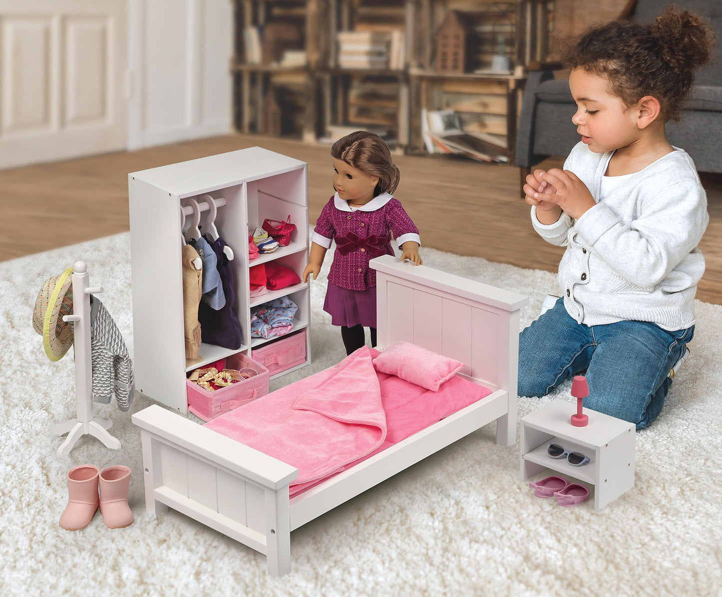 Badger Basket 13-Piece Bedroom Furniture Set for 18 Inch Dolls – Includes Bed, Armoire, Nightstand & Accessories