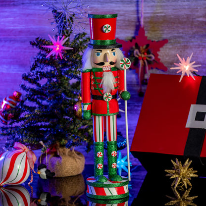 Ornativity Wooden Peppermint Christmas Nutcracker - Red, White and Green Glitter Candy Themed Xmas Holiday Nut Cracker Doll Figure Toy Soldier Decorations 15"