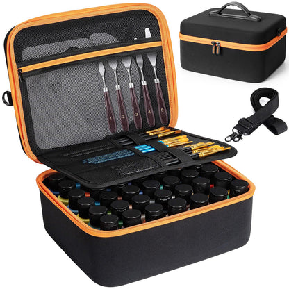 Acrylic Paint Storage Case for 42 Bottles(2 fl oz), Craft Paint Storage Paint Bottle Organizer,Art Supply Storage Hard Paint Box Organizer with Pocket for Paint Brushes,Palette Board & Painting Knives