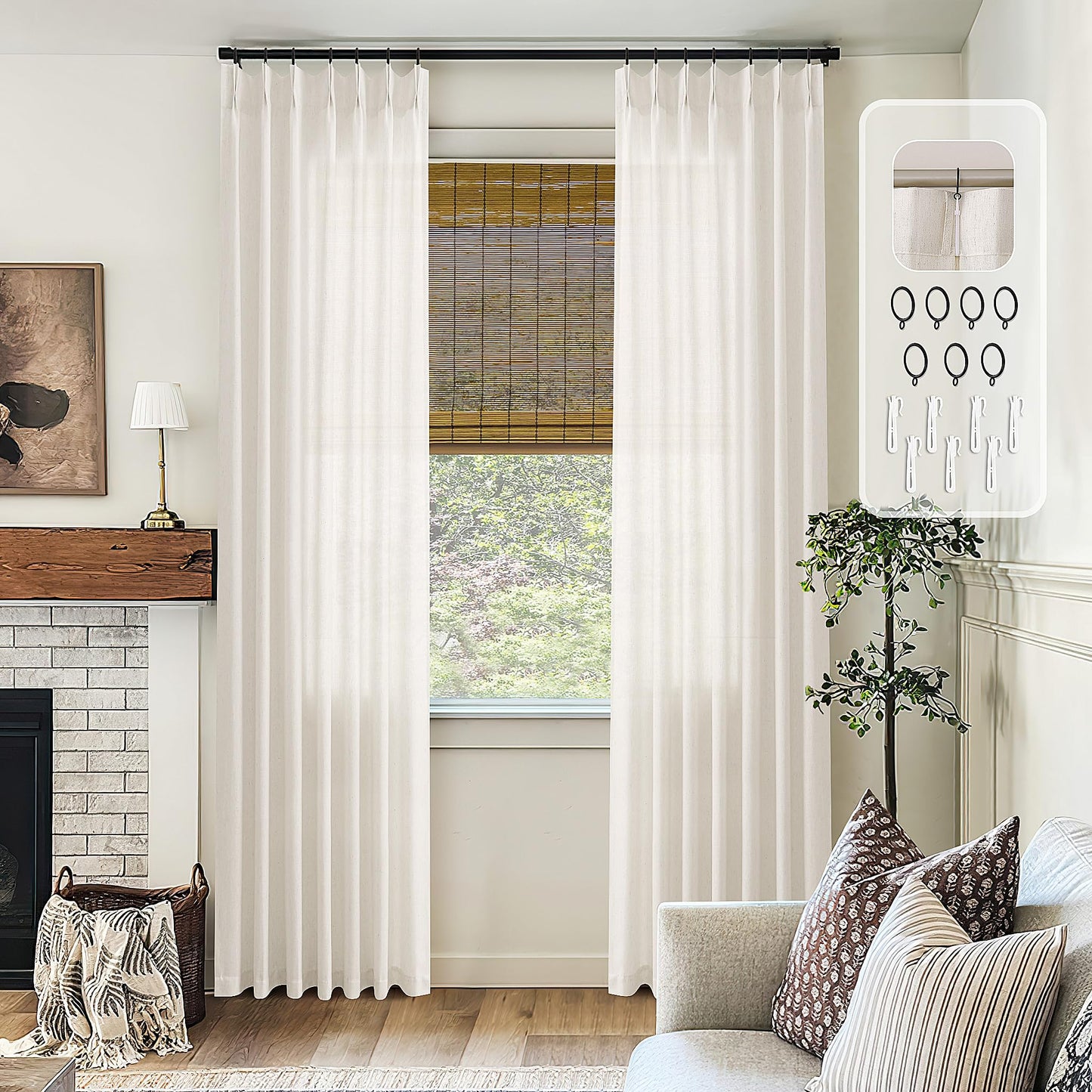 Pinch Pleated Linen Curtains 102 Inch long Memory Shape Training Pleat Drape with Hooks Rings Back Tab for Living Room Patio Glass Door Modern Neutral Cream Ivory Birch Semi Sheer 102 Inch Curtain