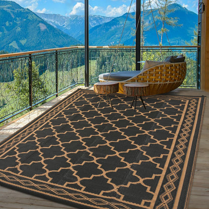 GlowSol Outdoor Rug Waterproof 8x10 ft Reversible Outdoor Plastic Straw Patio Rugs,Foldable Camping Rug with Carry Bag, RV Mat Outside Rugs for Patio,Picnic,Balcony,Deck,Backyard,Pool, Black/Brown