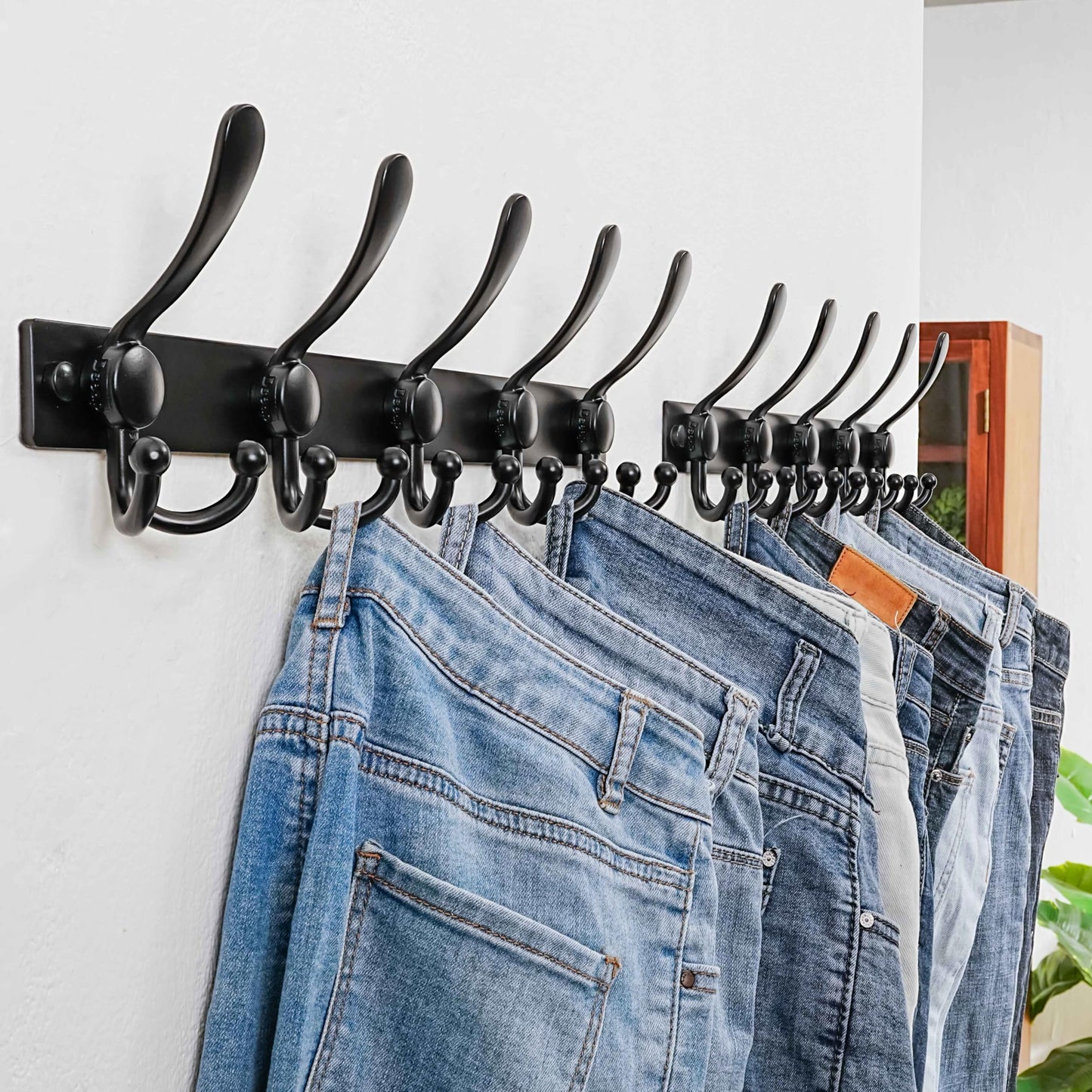 Dseap Coat Rack Wall Mount, Heavy Duty 12-Gauge Base vs Flimsy 1mm, Double-Thick Solid Anti-Snap Hooks, 16” Stud-Mount, Stainless Steel Hanger for Clothes Hat Entryway Closet Mudroom, Black