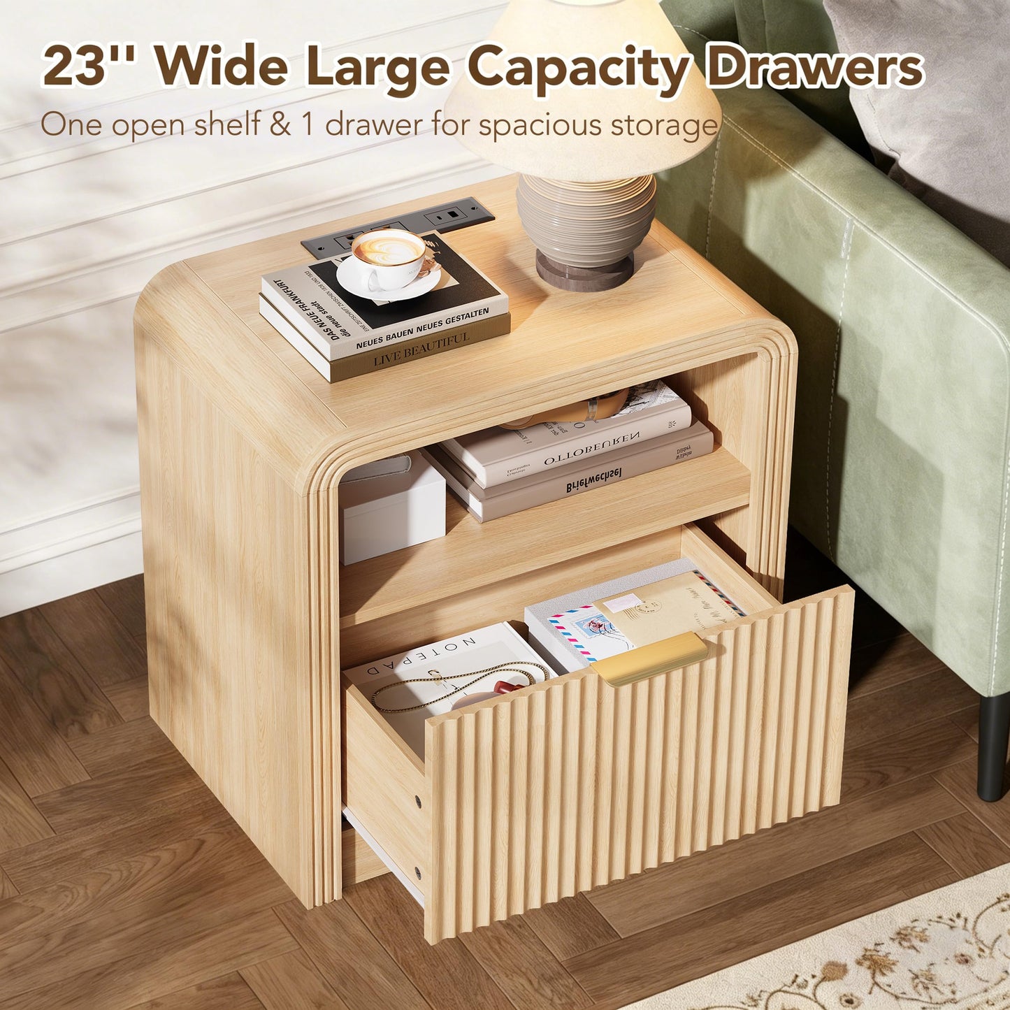 Decofy Fluted Nightstand with Charging Station, 23'' Wide Beside Table with Drawers & Open Shelf, Mordern Large Night Stand with Curved Corners, Wood End Table for Bedroom, Oak