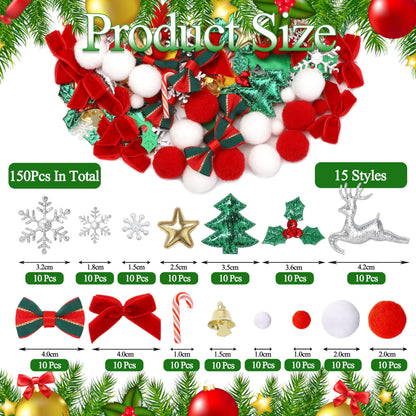 150 Pcs Christmas Decorations Embellishments, Miniature/Mini Ornaments for DIY Crafts Scrapbook(15 Styles)
