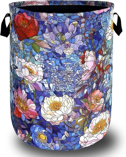 Blue Flowers Laundry Basket Glass Colorful Floral Foldable Funny Laundry Hamper