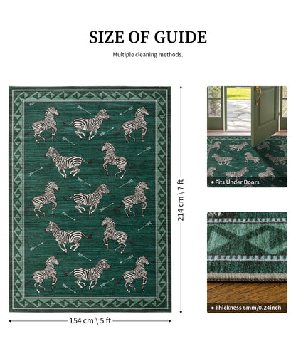 YIHOUSE Green Zebra Area Rugs 5×7, Washable Animal Print Rug with Southwestern Border, Non-Slip Low Pile Mid-Century Modern Carpet for Living Room, Bedroom, Dining Room