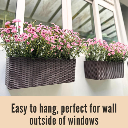 LaLaGreen Wall Planters Outdoor (20 Inch, 2 Pack) Brown Rectangular Window Flower Boxes with Brackets Self Watering System, Vertical Wall Mounted Plant Pot Container Herb Garden Balcony Indoor Decor