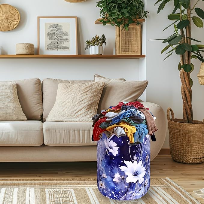 Blue Daisy Flower Laundry Basket Foldable Oxford Cloth Watercolor Floral