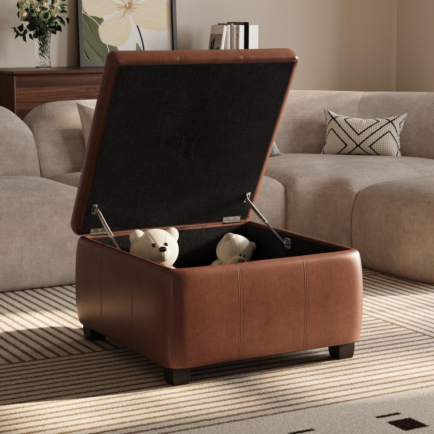 Christopher Knight Home Anivia Faux Leather Square Storage Ottoman Coffee Table, Wooden Ottoman with Storage, Entryway Modern Square Footstool, Upholstered Toy Box Storage for Living Room, Brown