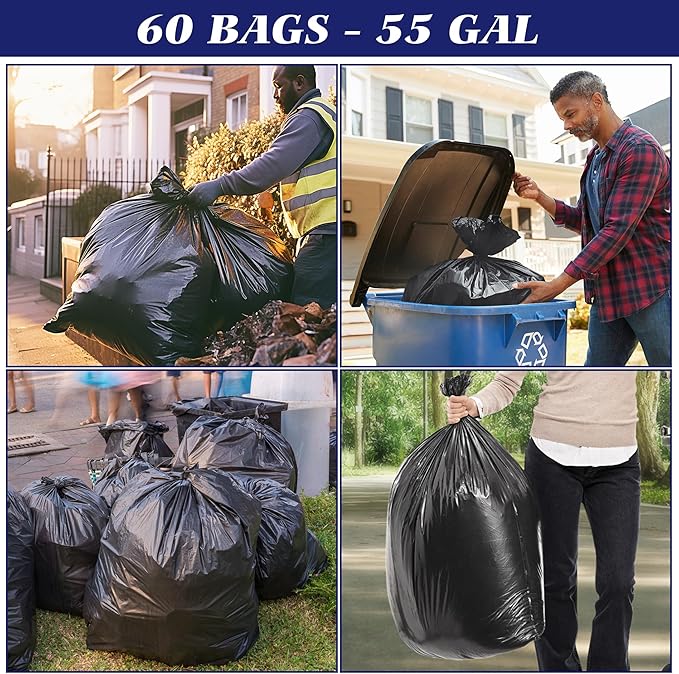 Teivio Trash Bags, 55-60 Gallon,