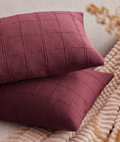 ZeeMart Linen Checked Lumbar Throw Pillow Covers Set of 2, 12x20 Inch Allover Grid Burgundy, Farmhouse Decorative Double Sided Grid Embroidered Couch Pillow Cases Red Cotton Linen Cushion Covers