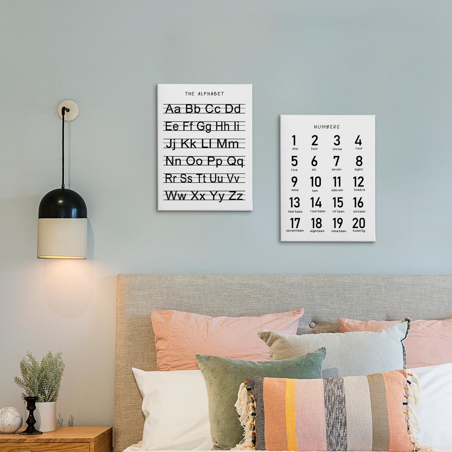 HRQKO Alphabet Numbers Nursery Canvas Wall Art Set of 2, Kids Room Decor Framed Art, ABC Numbers Learning Posters Wall Decor for Classroom Toddler Kids Nursery Bedroom Playroom, 11x14 inch