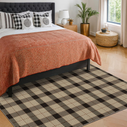 Easy Jute Farmhouse Area Rug 5x7, Washable Indoor Outdoor Plaid Rug, Black and Tan Rustic Woven Non Slip Carpet for Living Room, Entryway, Patio, Bedroom, Under Bed