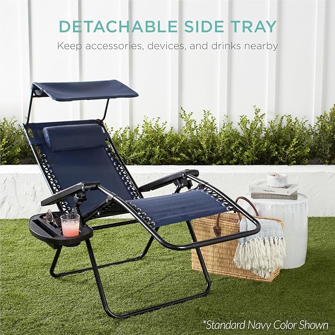 Best Choice Products 30” Wide Folding Zero Gravity Outdoor Recliner Patio Lounge Chair w/Adjustable Canopy Shade, Headrest, Side Accessory Tray - Ice Gray