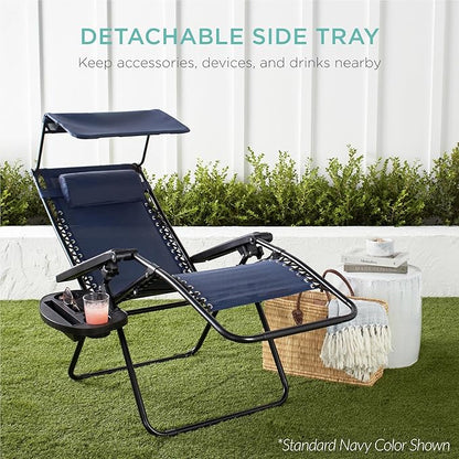 Best Choice Products 30” Wide Folding Zero Gravity Outdoor Recliner Patio Lounge Chair w/Adjustable Canopy Shade, Headrest, Side Accessory Tray - American Flag