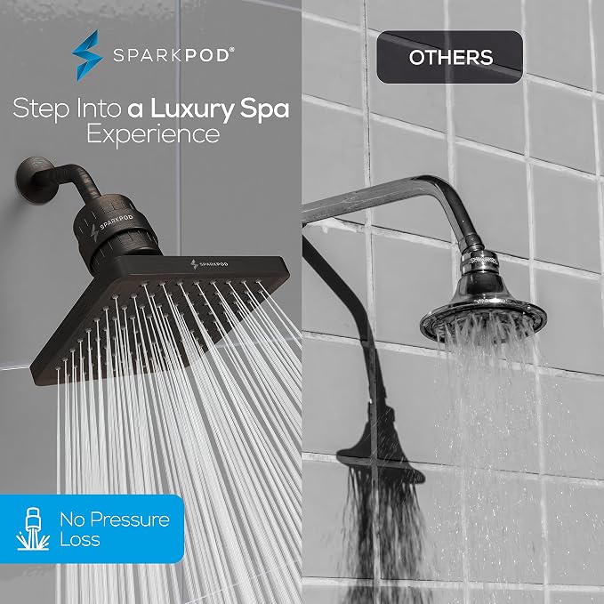 SparkPod 23-Stage Filtered Shower Head, 8" Square, Oil-Rubbed Bronze | Filtered Shower Head for Hard Water Filter, High Pressure, Reduces Chlorine, Heavy Metals, For Dry Skin & Hair