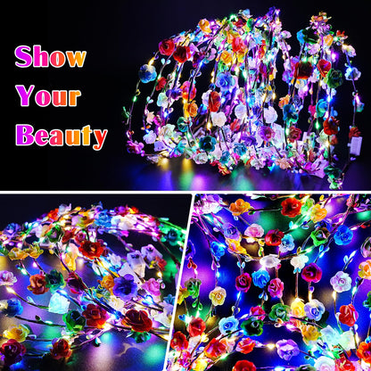 HONLYNE 100 PCS LED Flower Crowns Headbands, Light Up Flower Crowns For Women, Glow in the Dark Headband for Wedding Reception Birthday Christmas Mardi Gras Cosplay Princess Party Favors
