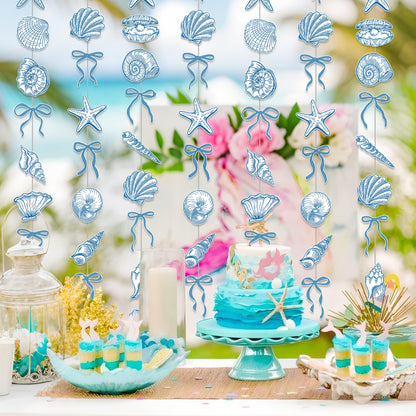 Sea Blue Bow Starfish and Seashell Garlands Summer Ocean Party Supplies 8PCS Coastal Starfish and Seashell Banners Nautical Party Decorations for Marine Baby Shower Wedding Bachelorette Decor