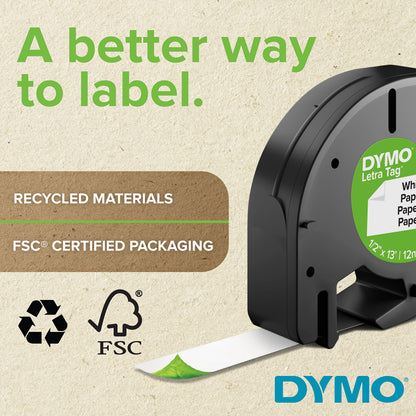 DYMO Authentic LT Plastic Labeling Tape for LetraTag Label Makers, 1/2" (12mm), Black Print On White Tape, 6-Pack