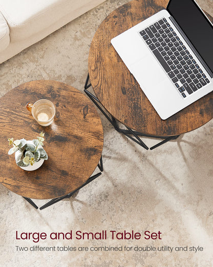 VASAGLE Small Coffee Table Set of 2, Round Coffee Table with Steel Frame, Side End Table for Living Room, Bedroom, Office, Rustic Brown and Ink Black