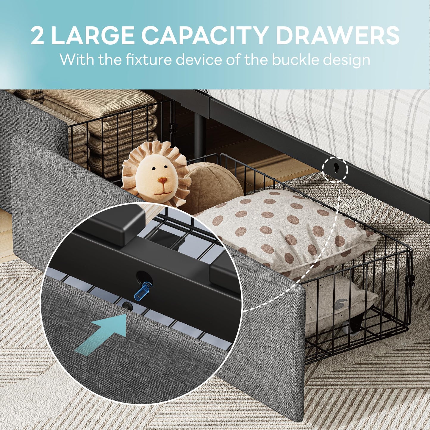 LIKIMIO Twin Bed Frame with 2 Storage Drawers, Charging Station & LED Lights, Upholstered Platform Twin Bed with Storage Headboard, Strong Wooden Slats, No Box Spring Needed, Easy Assembly, Grey