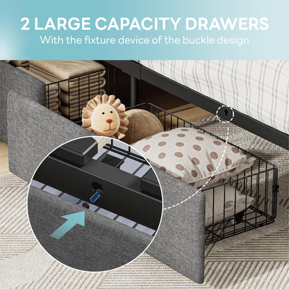LIKIMIO Twin Bed Frame with 2 Storage Drawers, Charging Station & LED Lights, Upholstered Platform Twin Bed with Storage Headboard, Strong Wooden Slats, No Box Spring Needed, Easy Assembly, Grey