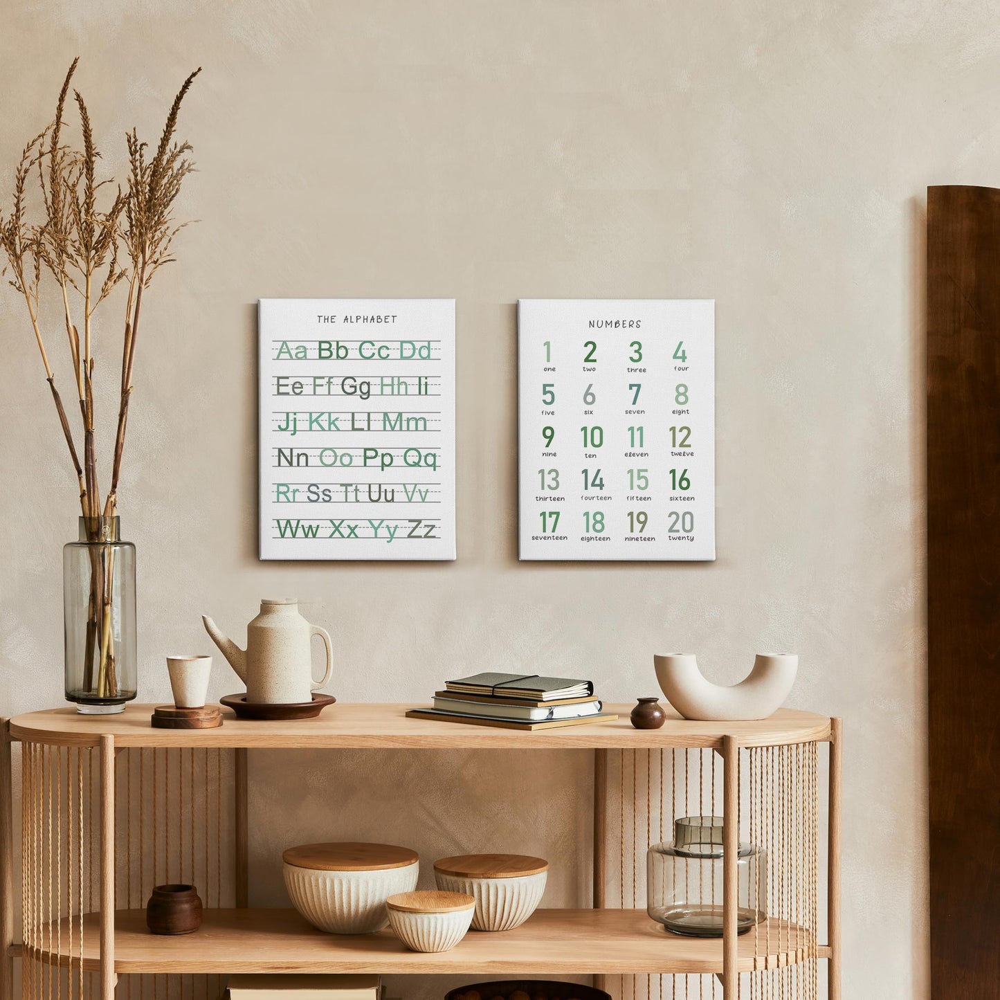 HRQKO Alphabet Numbers Nursery Canvas Wall Art Set of 2, Kids Room Decor Framed Art, Sage Green ABC Numbers Educational Posters Wall Decor for Classroom Toddler Nursery Bedroom Playroom, 11x14 inch