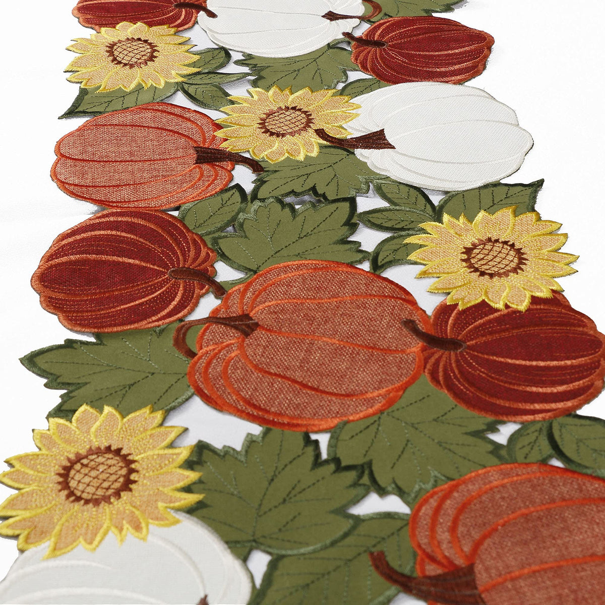 OWENIE Thanksgiving Table Runner, Pumpkin Fall Table Runner, Fall Decor for Home with Harvest Sunflowers Pumpkins, Cutwork Applique Embroidered Centerpieces, 13 Inch x 54 Inch, Orange
