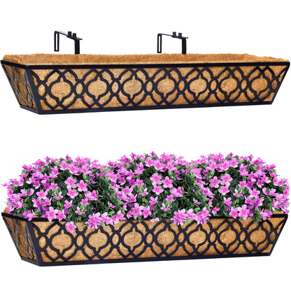 HFHOME 2 Pcs 30" Deck Railing Planter Box with Horse Trough Coco Liners, Black Window Box Metal Hanging Flower Planters Baskets for Indoor, Outdoor, Balcony, Porch, Fence, Patio, and Lawn