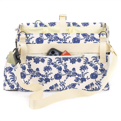 FifthStart Multiuse Large Blue Floral Diaper Caddy with Waist, Shoulder Strap, 9 Pockets, Mesh Base, and Adjustable Compartments