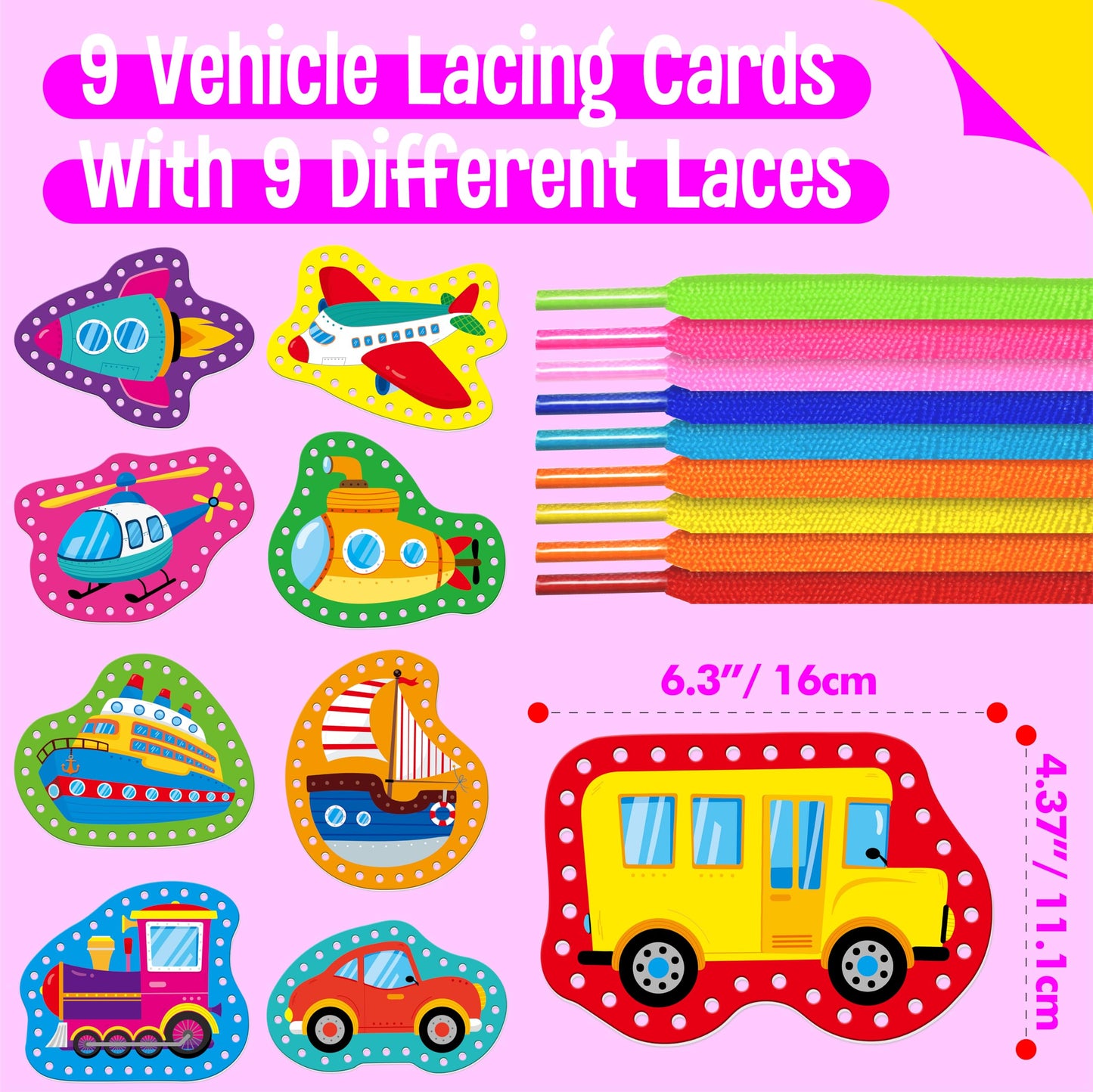 SpriteGru 9 Pieces Kids Lacing Cards, Double Sided Vehicle Sewing Cards with 9 Colorful Laces, Imagination Development Lacing Toys Games for Children Educational and Learning Activity