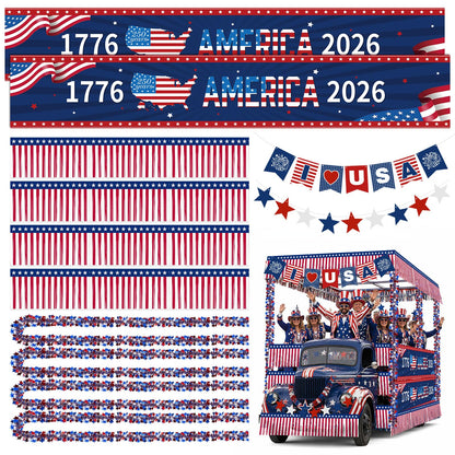 Ceenna 250th Anniversary Parade Float Decor Kit America 1776-2026 250 Years Patriotic Party Supplies with USA Banner Garden Flag Foil Fringe Tinsel Garlands for 4th of July Independence Memorial Day