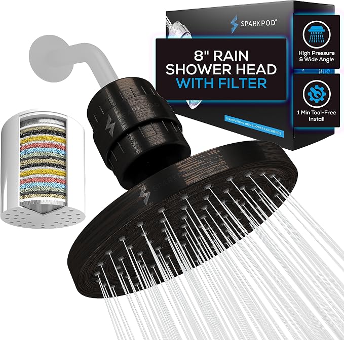 SparkPod 23-Stage Filtered Shower Head, 8" Round, Oil-Rubbed Bronze | Filtered Shower Head for Hard Water Filter, High Pressure, Reduces Chlorine, Heavy Metals, For Dry Skin & Hair