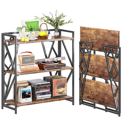 UDD No Assembly Wide Folding Bookshelf, 34" H x 30.9" W, 3 Tier Foldable Book Shelf Industrial Bookcase, Vintage Collapsible Storage Shelves for Home Office Living Room Bedroom, Rustic Brown Black