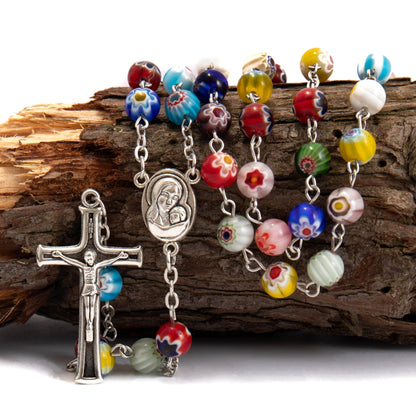 Nazareth Store Murano Glass Rosary Necklace Handmade Multicolor Millefiori Beads Rosario Holy Soil Medal and Cross Crucifix