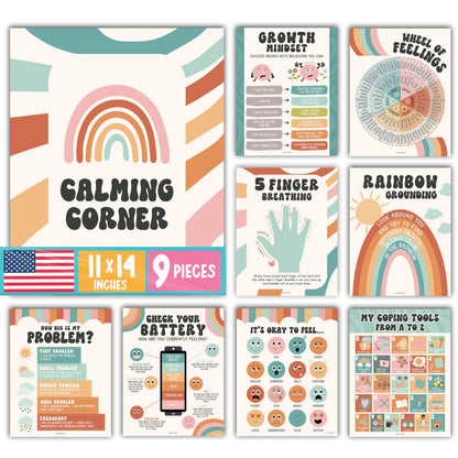 Hadley Designs 9 Calming Corner Posters for Classroom Must Haves - Calm Down Corner Supplies with Emotions Chart, School Counselor Mental Health Poster, Feelings Chart For Kids, Retro Classroom Decor