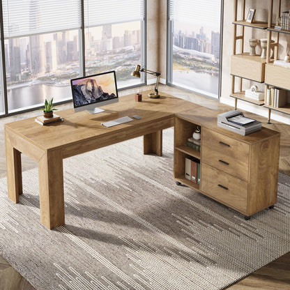 Tribesigns 63" L Shaped Desk with Storage, Executive Office Desk with Rolling File Cabinet Combo, Large Computer Table with Drawers and Shelves, Business Furniture Set for Home Office, Brown