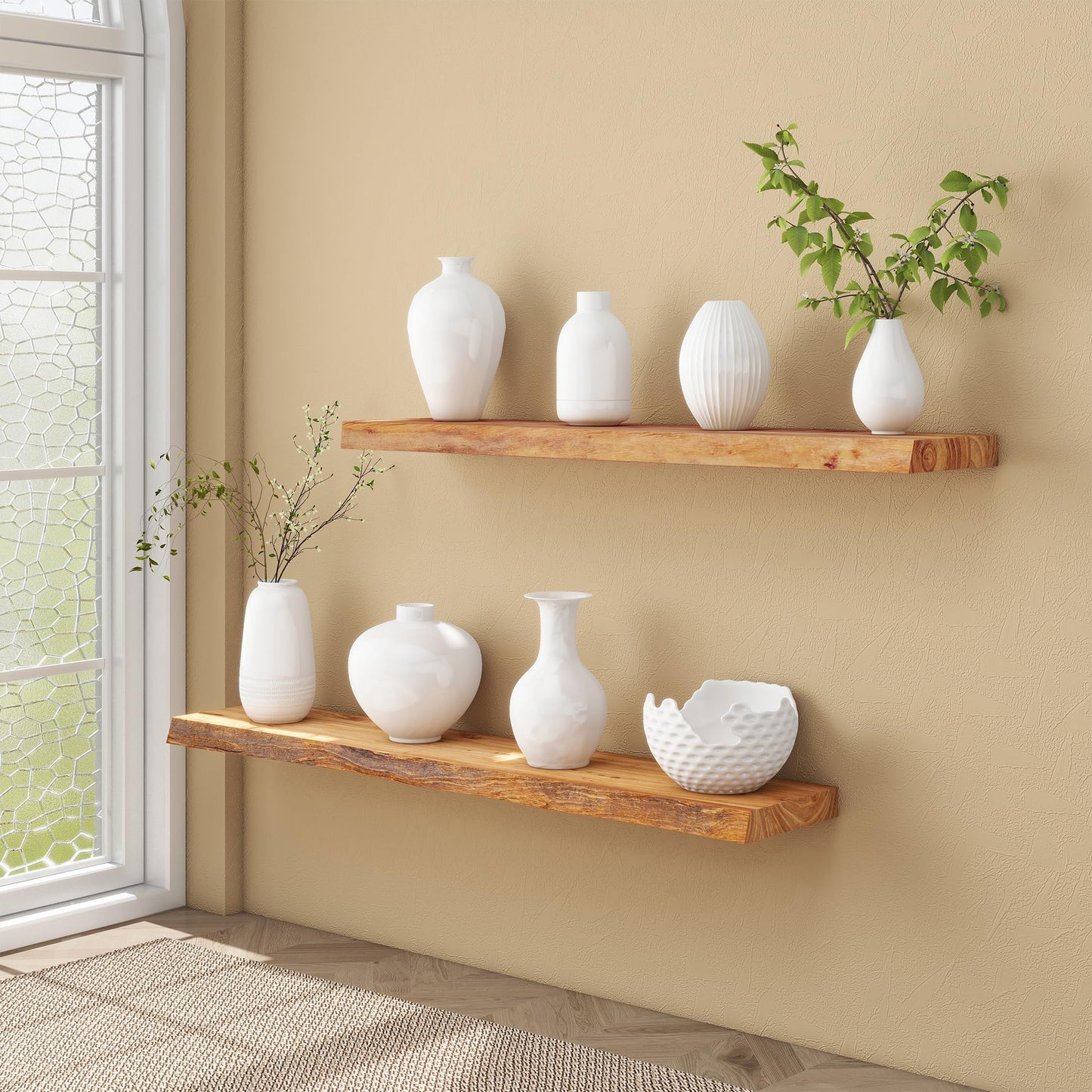 fuqing Live Edge Floating Shelves for Wall 55 Inch - Solid Elm Wood Floating Shelves Wall Mounted - 9 Inch Deep Rustic Natural Wooden Wall Shelves with Heavy Duty Brackets and Anchors