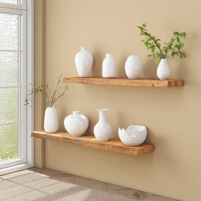 fuqing Live Edge Floating Shelves for Wall 55 Inch - Solid Elm Wood Floating Shelves Wall Mounted - 9 Inch Deep Rustic Natural Wooden Wall Shelves with Heavy Duty Brackets and Anchors