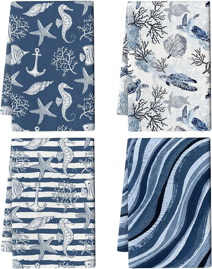 Blue Nautical Seahorse Corals Sea Turtle Kitchen Dish Towels Decorative Set of 4