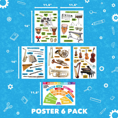 Sproutbrite 6 Pack 11.5"x16" Music Posters for Classroom – Music Classroom Decor for Elementary, Middle and High School - Builds Understanding of Musical Instruments