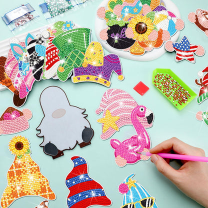 DoubleFill 42 Pcs Summer Diamond Kits 4th of July Interchangeable Wooden Table Decorations DIY Summer Holiday Party Seasonal Tiered Tray Art Decor Diamond Painting Magnets(Gnome)