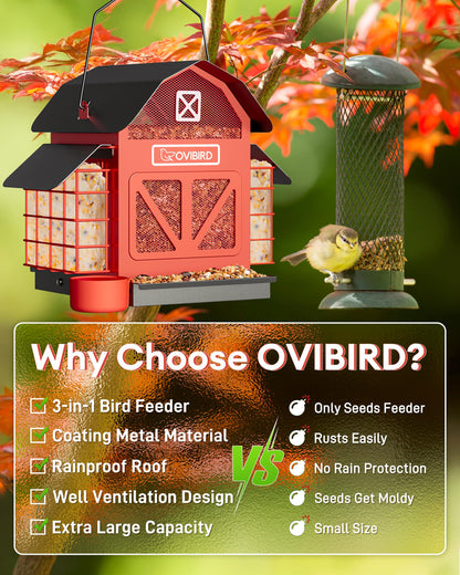 Bird Feeders for Outdoors Hanging, 5LBS Large Bird Feeder with 2 Suet Cage, Red Barn Metal Birds Feeder for Outside, Weather Resistant Cardinal Feeders, ldeal Birds Watching Gifts (Red)